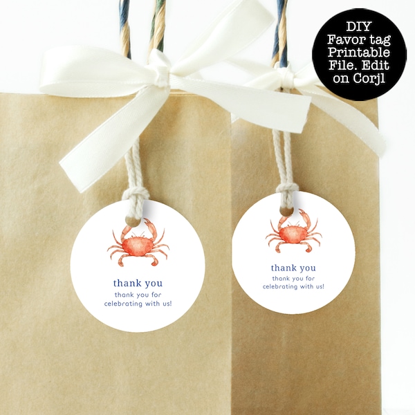 Crab Round Favor Tags, Beach Gift Tag, Orange Crab Favor Tag, Printable Thank You Tag, Gift Tag Template, Seaside Favor Tag, Corjl Template