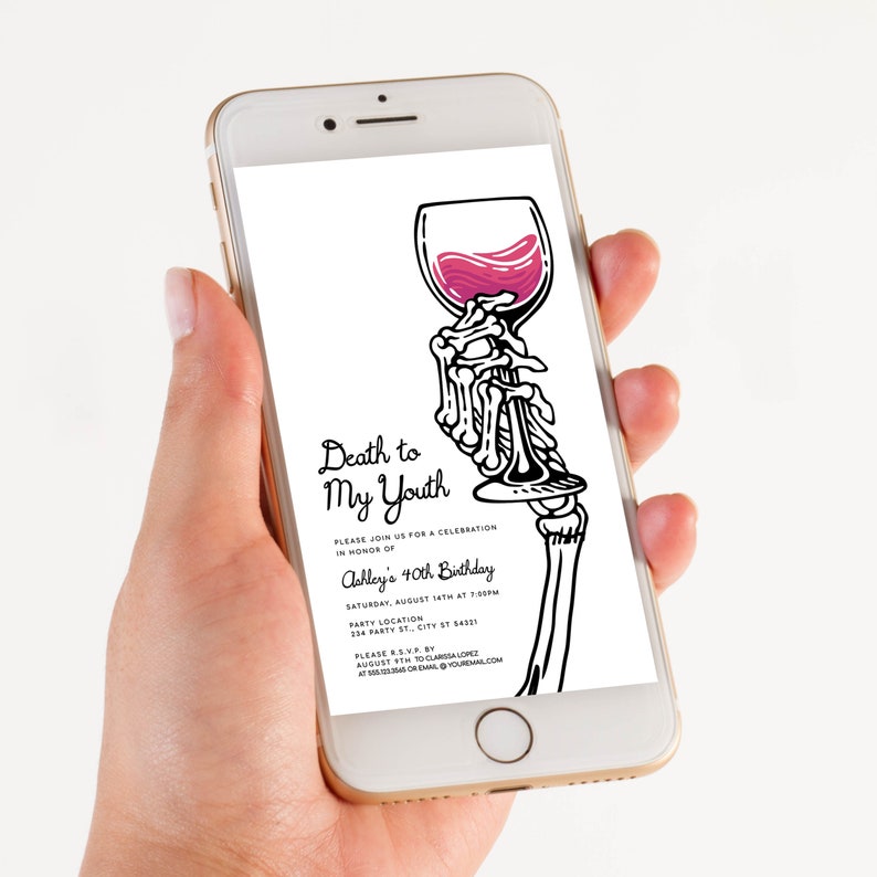 Digital Evite Invitation with Skeleton Hand and Wine Glass - Death to My Twenties Birthday Party - Corjl Template