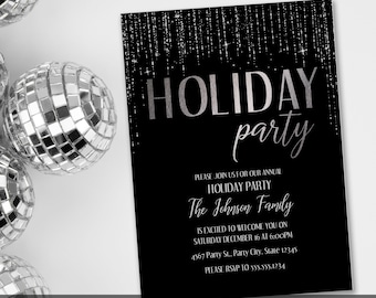 Holiday Party Invitations, Christmas Party Invitations, Snowflake Holiday Party Invitations, Black and Silver Holiday Cocktail Party