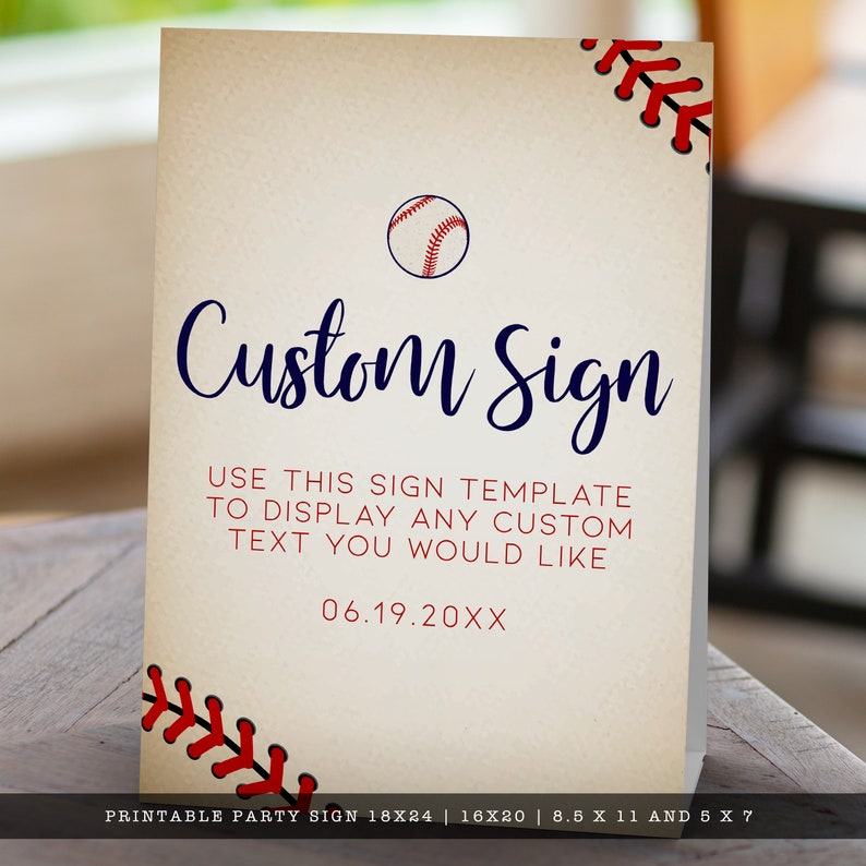 Vintage Baseball Custom Party Signs. Created with a vintage texture background accented with baseball laces. Designed by MetroEvents.