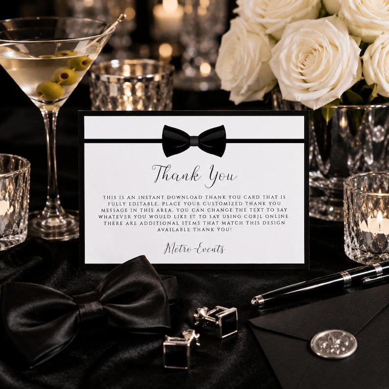 May include: A rectangular white thank you card featuring a black bow tie graphic at the top and the text Thank You. The card includes instructions about instant downloads and editing, ending with the brand name Metro-Events in script font.