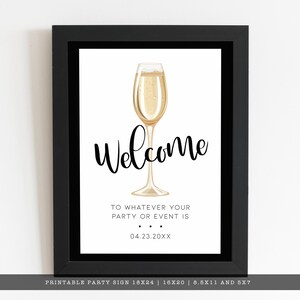 Champagne Brunch, Champagne Themed Welcome sign. Created with a gold champagne glass with a white background and black outline. Designed By MetroEvents