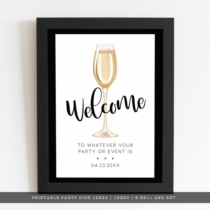 Champagne Brunch, Champagne Themed Welcome sign. Created with a gold champagne glass with a white background and black outline. Designed By MetroEvents