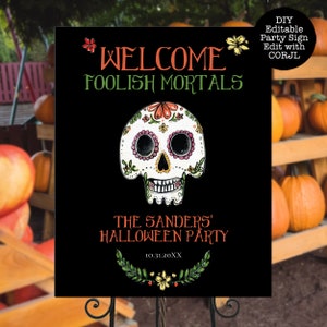 Day of the dead themed welcome sign a watercolor-style sugar skull with flower and leaf accents on a black background. Designed By MetroEvents