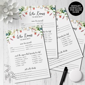 Who Knows the Bride Best, Wildflower Bridal Shower Game, Floral Themed Games, Instant Download, Shower Game, Printable Game, Download