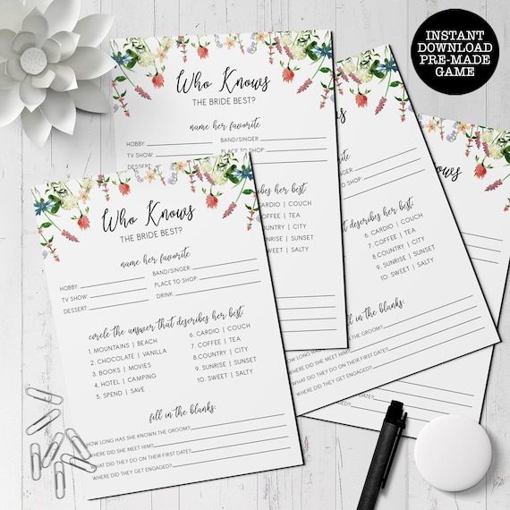 Who Knows the Bride Best, Wildflower Bridal Shower Game, Floral Themed Games, Instant Download, Shower Game, Printable Game, Download Il_570xn