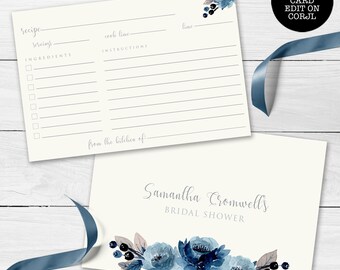 Blue Floral Recipe Card, Navy Blue Recipe Cards, Corjl Template, Instant Download, Printable Recipe Card, Bridal Shower Recipe Card,Editable