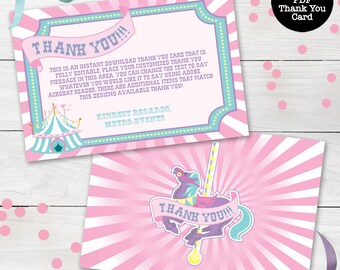 May include: Two pink and white circus-themed thank you cards. One card features a circus tent illustration, the other a carousel horse. Both cards have the text "THANK YOU!!!" and are labeled as DIY editable PDF thank you cards.