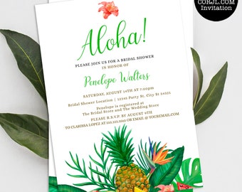 Tropical Pineapple Bridal Shower Invitations, Luau Invitations, Hawaiian Themed Invitation, Tropical Invite, Corjl Templates, Printable, DIY