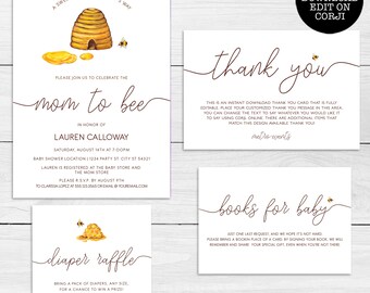Mom to Bee Baby Shower, Bee Baby Shower Bundle, Invitation, Thank You Card, Bee Diaper Raffle Card, Printable Baby Shower, Corjl template