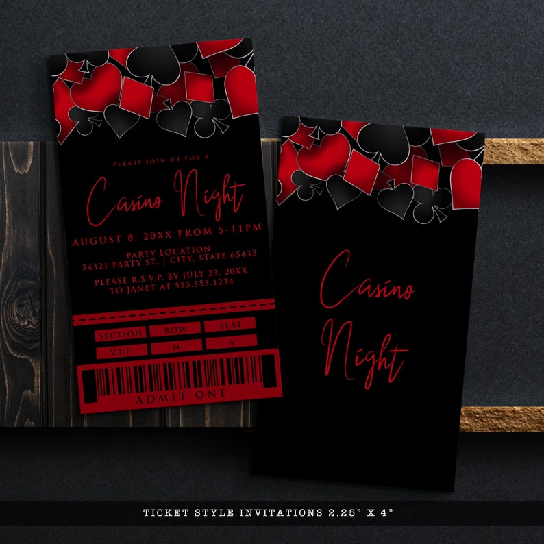 May include: Two ticket-style invitations measuring 2.25 inches by 4 inches, featuring a black background with red and black playing card suit icons at the top. The text reads Casino Night, event details, and includes a barcode with Admit One.
