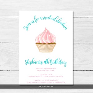May include: White invitation card with a pink cupcake illustration. Text includes "Join us for a sweet celebration" and "Stephanie's 4th Birthday". Details include date, time, location, and RSVP information. The word "Invitations" is at the bottom.
