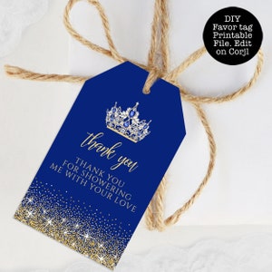 Gold and Blue Glitter Favor Tags, Princess Favor Tags, Glitter Favor Tags, Printable Thank You Tag, Blue Gift Tag, Glitter Gift Tag, Corjl