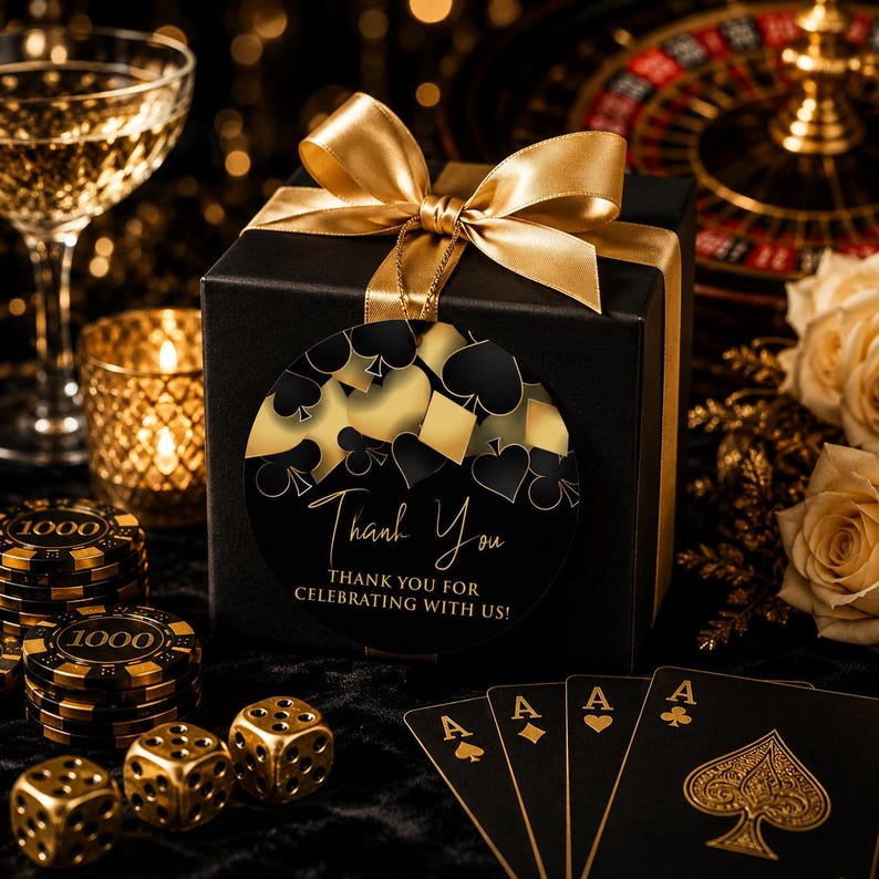 May include: A black square gift box tied with a gold satin ribbon, featuring a circular tag with gold and black playing card suit symbols and the text Thank You and THANK YOU FOR CELEBRATING WITH US in a gold script and sans-serif font.