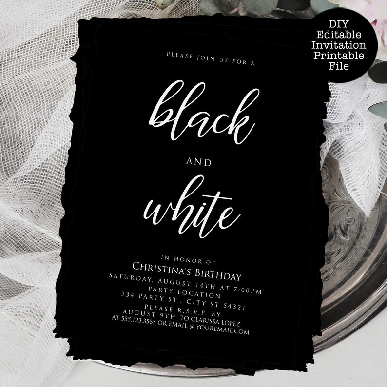 Elegant Black and White Party Invitations Adult Party | Etsy Australia