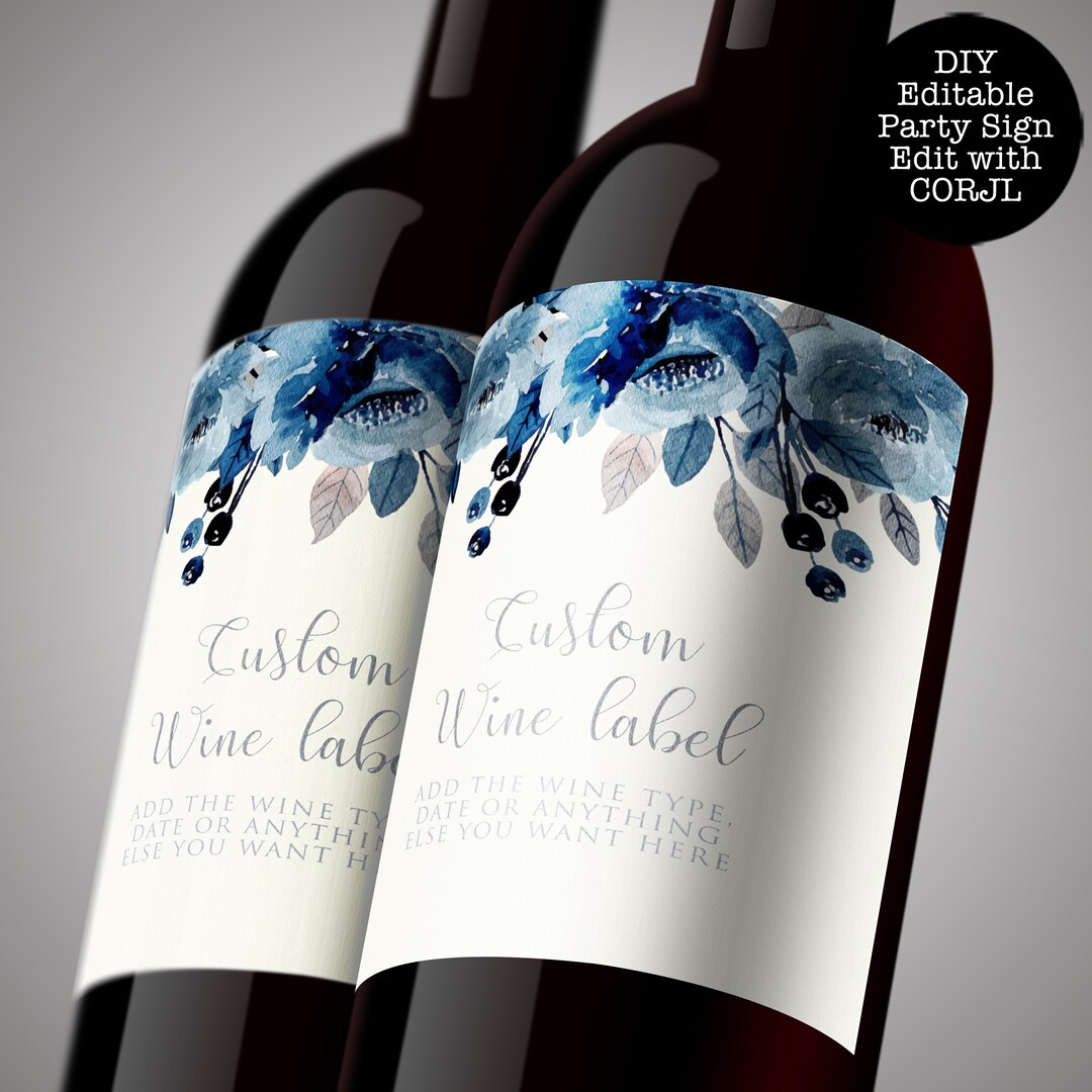 Navy Floral Wine Labels, Printable Wine Label, Custom Wine Labels, Corjl Template, Blue Floral ...