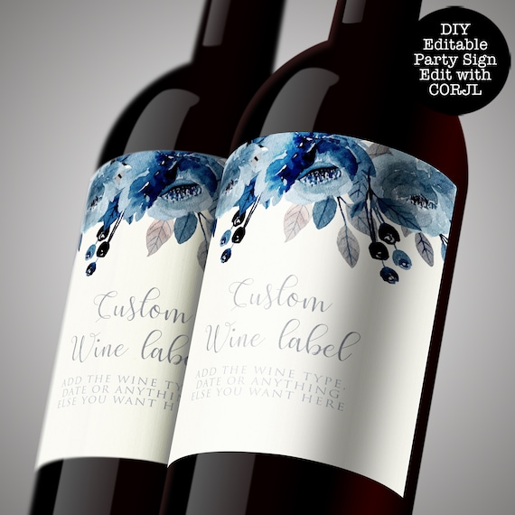 Navy Floral Wine Labels, Printable Wine Label, Custom Wine Labels