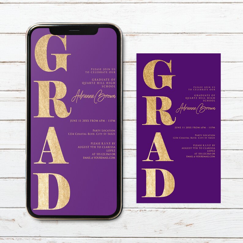 Editable Purple and Gold Graduation Party Invitation Evite Etsy