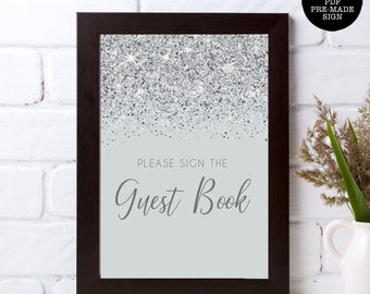 Silver Glitter Guest Book Sign, Wedding Guest Book Sign, Bridal Shower Sign, Printable Signs, Instant Download, Glitter Guest Book Sign