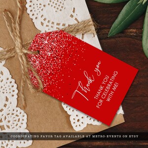 Sweet Sixteen Glam Party favor tag. A sparkling party collection featuring flowing typography on a red glittery background. Created By MetroEvents.