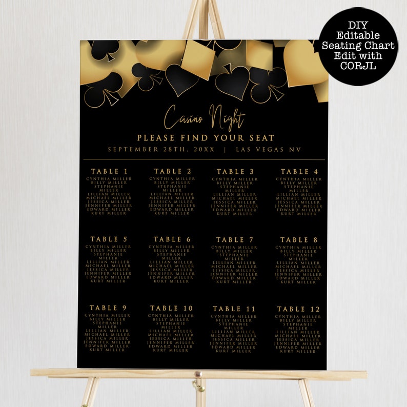 Casino night seating chart designed with hearts, diamonds, clubs, and spades framing the top in gold and black. Designed By MetroEvents.