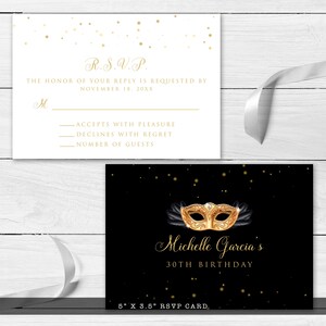 May include: A black and gold RSVP card with a gold masquerade mask and the text "Michelle Garcia's 30th Birthday". The card is 5 inches by 3.5 inches.