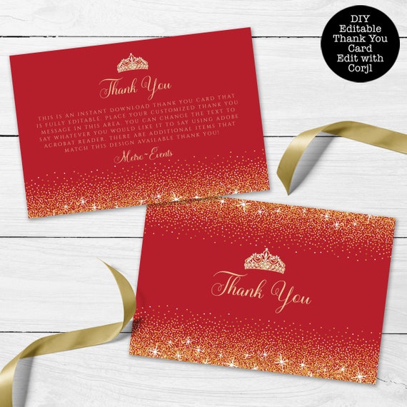 Red and Gold Glitter Thank You Card, Gold Glitter Thank You Card, Custom Thank you Card, Red Thank You, Editable Card, Corjl Template Card Il_570xn