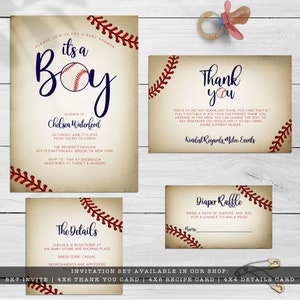 Vintage Baseball Invitation Kit. Created with a vintage texture background accented with baseball laces. Designed by MetroEvents.