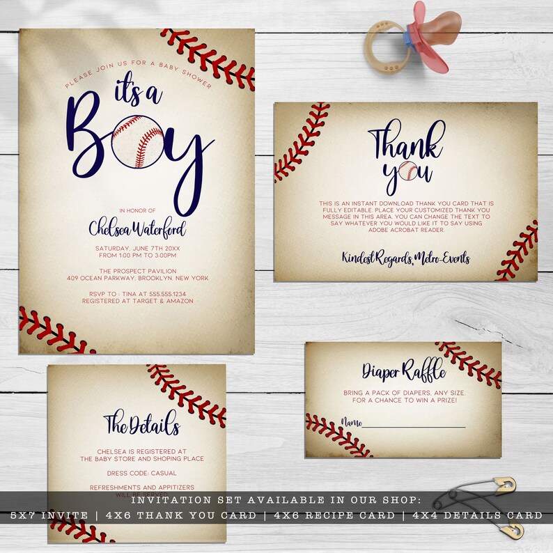 Vintage Baseball Invitation Kit. Created with a vintage texture background accented with baseball laces. Designed by MetroEvents.