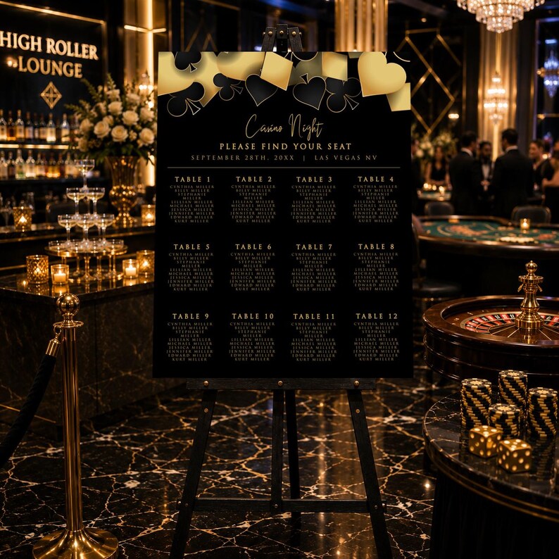 Casino Night Seating Chart Sign, Gold Casino Seating Chart, Vegas Party Seating Chart, Poker Party Welcome Sign, Casino Wedding Seating Plan image 4