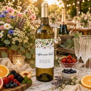 K&ouml;nnte beinhalten: Eine Weinflasche mit einem individuellen Etikett mit Blumenrand und dem Text custom wine label, add the wine type, date or anything else you want here. Die Flasche hat einen goldenen Hals und ist mit einer hellgoldenen Fl&uuml;ssigkeit gef&uuml;llt.