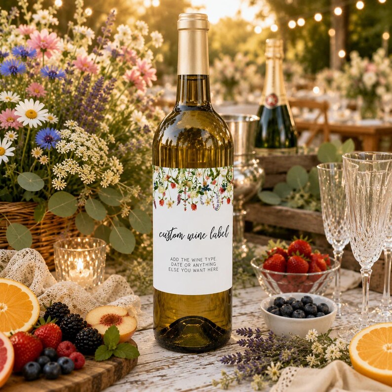 K&ouml;nnte beinhalten: Eine Weinflasche mit einem individuellen Etikett mit Blumenrand und dem Text custom wine label, add the wine type, date or anything else you want here. Die Flasche hat einen goldenen Hals und ist mit einer hellgoldenen Fl&uuml;ssigkeit gef&uuml;llt.