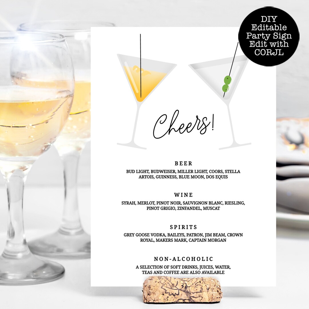 Cocktail Sign Modern Drink Menu Cheers Printable Sign Etsy