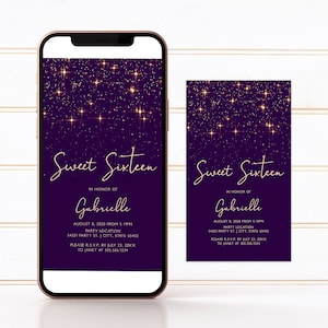 Bewerkbare paarse Sweet 16 uitnodiging voor feest Verjaardag Evite-tekstuitnodiging Elektronische uitnodiging Smartphone-uitnodiging Corjl-sjabloon SMS-uitnodiging