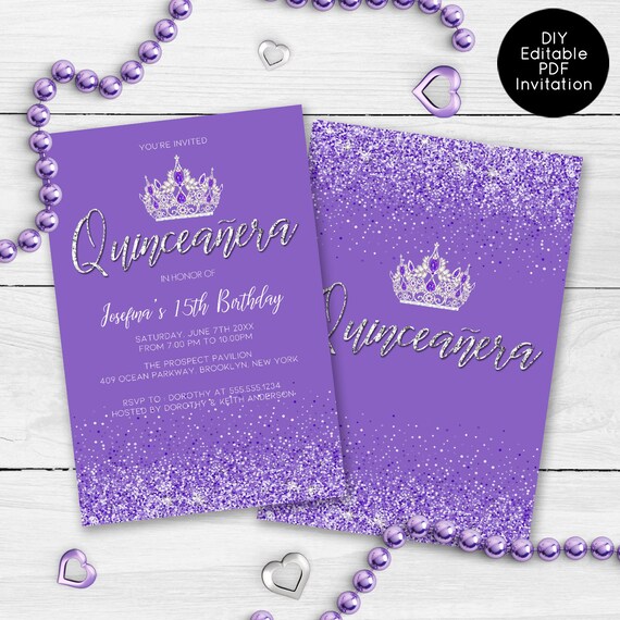 Purple Sparkling Glitter Quinceanera Invitations, Quinceañera Invitations, Quinceañera Crown Invitations, Printable Quince Invitations Il_570xn