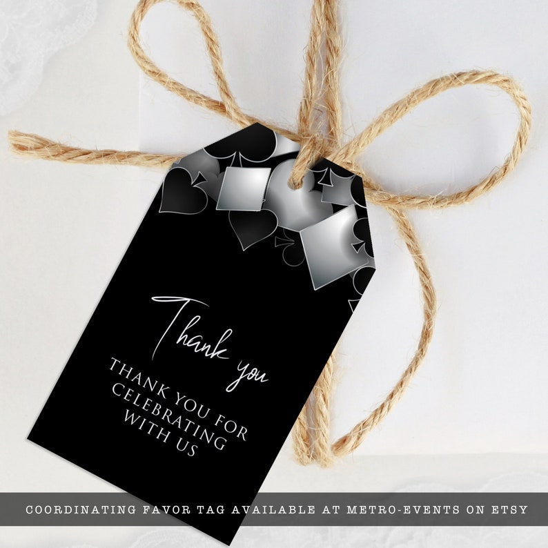 printable favor tag with Customizable Corjl Template Silver and Black Casino Night with Hearts Spades Clubs Diamonds Perfect for Birthday Party Favors and Decorations