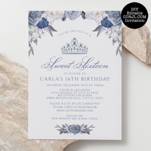 Blue and White Floral Sweet Sixteen Invitations, Sweet 16 Invitations, Sweet Sixteen Crown Invitation, Printable Invitations, Corjl Template