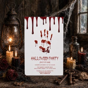 Bloody Handprint Halloween Party Invitation, Editable Horror Invite, Printable Corjl Template