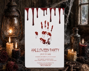 Bloody Handprint Halloween Party Invitation, Editable Horror Invite, Printable Corjl Template