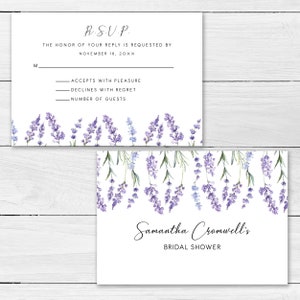 May include: White RSVP cards with a lavender floral design. The top card reads "R.S.V.P." and includes lines for the recipient's name, acceptance, regrets, and guest count. The bottom card says "Samantha Cromwell's Bridal Shower".