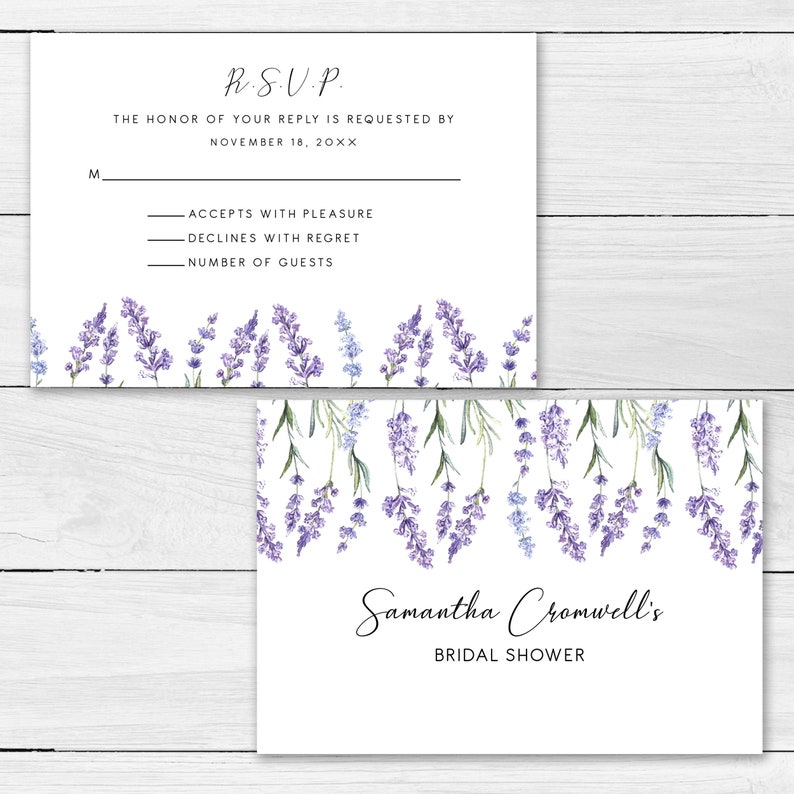 May include: White RSVP cards with a lavender floral design. The top card reads "R.S.V.P." and includes lines for the recipient's name, acceptance, regrets, and guest count. The bottom card says "Samantha Cromwell's Bridal Shower".