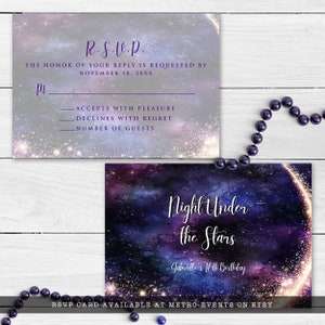 Night under the stars, galaxy-themed RSVP card. This design is created with a star-filled purple and blue starry sky background with a half-ring of shooting stars training through it. Designed by MetroEvents.