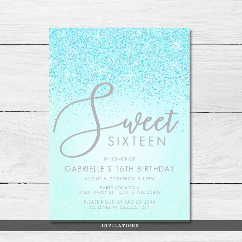 All the glam and sparkle needed for any sweet 16 party, this sweet 16 birthday invitation is created with sparkling faux aqua glitter on a coordinating background.