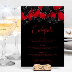 Casino night cocktail menu designed with hearts, diamonds, clubs, and spades framing the top in red and black. Designed By MetroEvents.