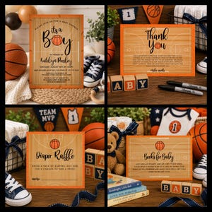 Op de afbeelding: Een set basketball-thema babyshower briefpapier inclusief een uitnodiging, bedankkaart, luierloterijkaart en boeken voor babykaart. Elke kaart heeft een houten vloerontwerp, basketbalafbeeldingen en zwarte tekst.
