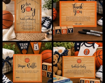 May include: A set of basketball-themed baby shower stationery including an invitation, thank you card, diaper raffle card, and books for baby card. Each card features a wood-grain court design, basketball graphics, and black text.