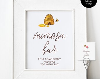 Bride to Bee Mimosa Bar Sign and Tags, Bridal Shower Sign Template, Bee Themed Sign, Editable Signs, Instant Download, Mimosa Bar Printable