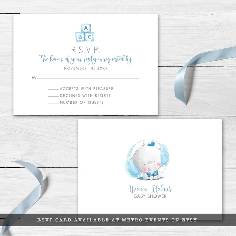 May include: Baby shower RSVP card with a watercolor illustration of a baby elephant. The card includes the text "Yvonne Holmes BABY SHOWER" and a space for guests to respond. The top of the card features blue ABC blocks.