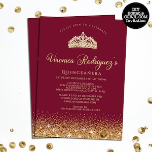 Maroon and Gold Glitter Quinceañera Invitations. Designed with sparkles, faux gold glitter, gold crown with diamond, and burgundy background accents for a fabulous birthday. Designed By MetroEvents