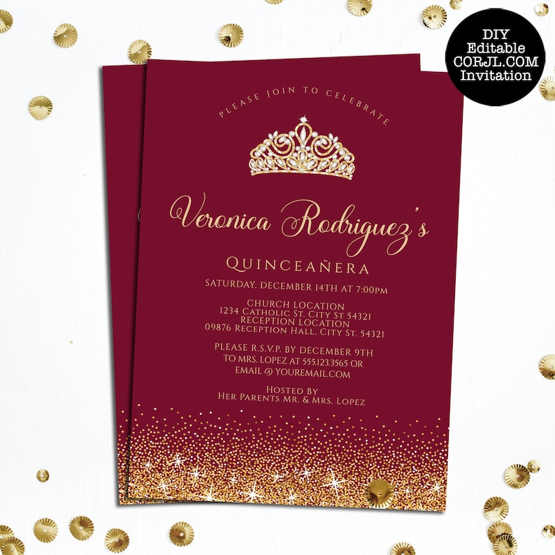 Maroon and Gold Glitter Quinceañera Invitations. Designed with sparkles, faux gold glitter, gold crown with diamond, and burgundy background accents for a fabulous birthday. Designed By MetroEvents